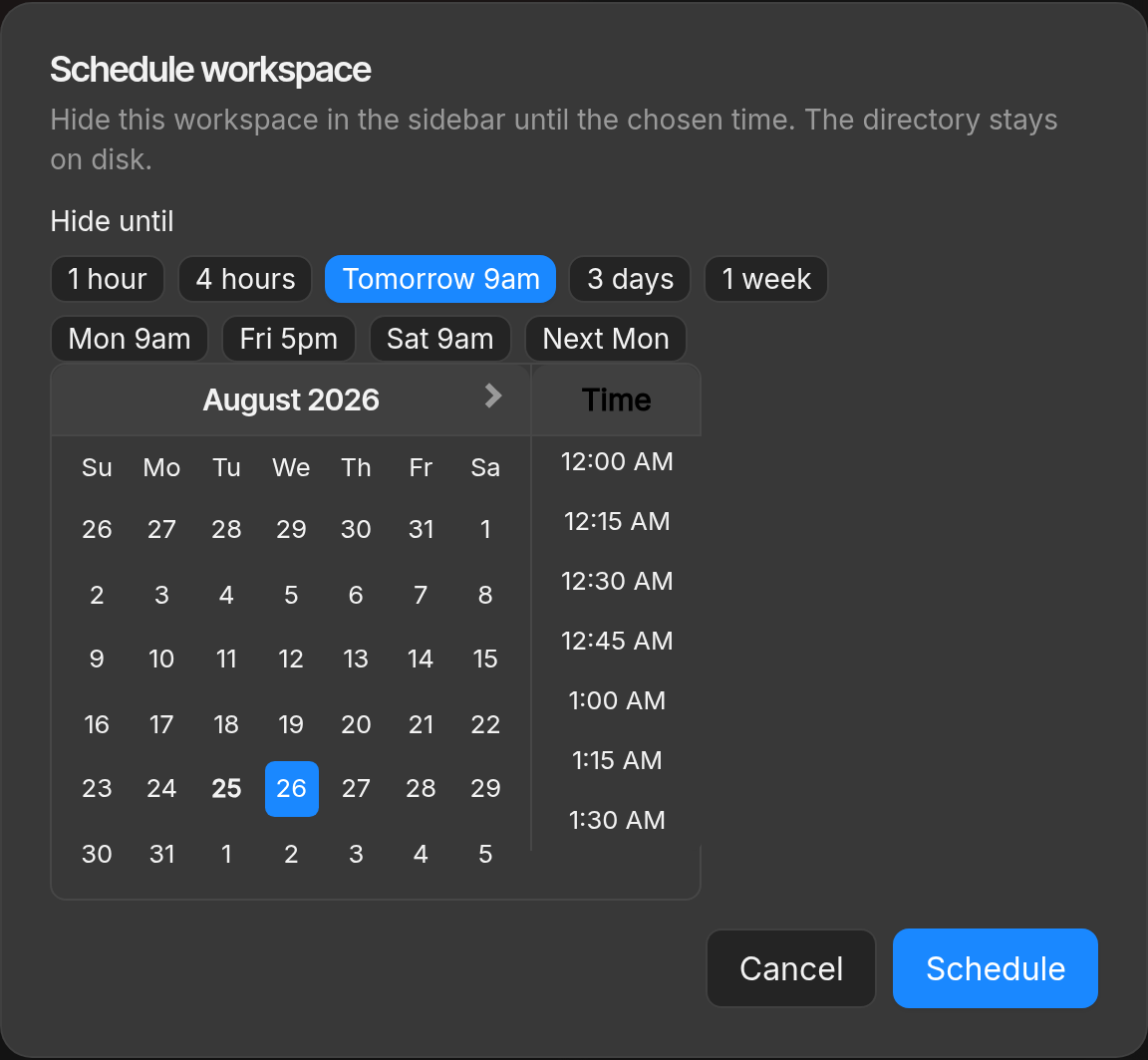 Schedule workspace dialog with hide-until presets