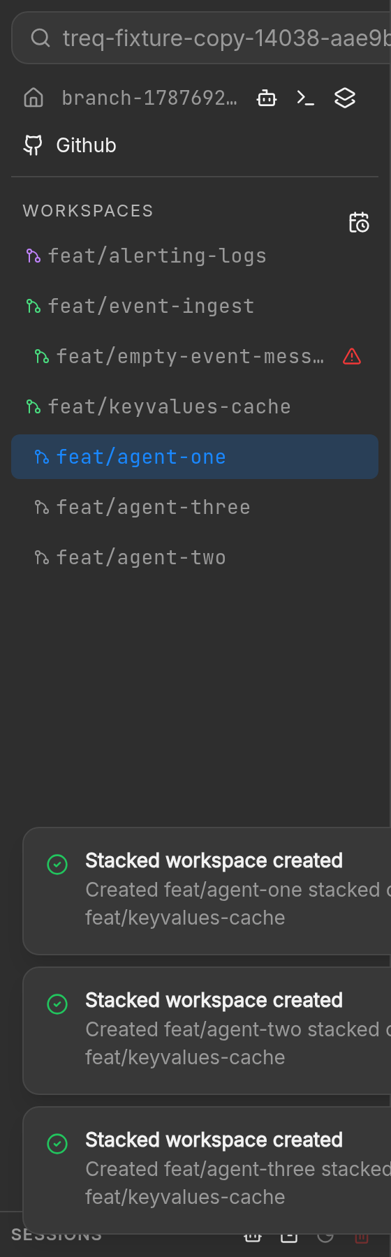 Sidebar after three new agent workspaces appear