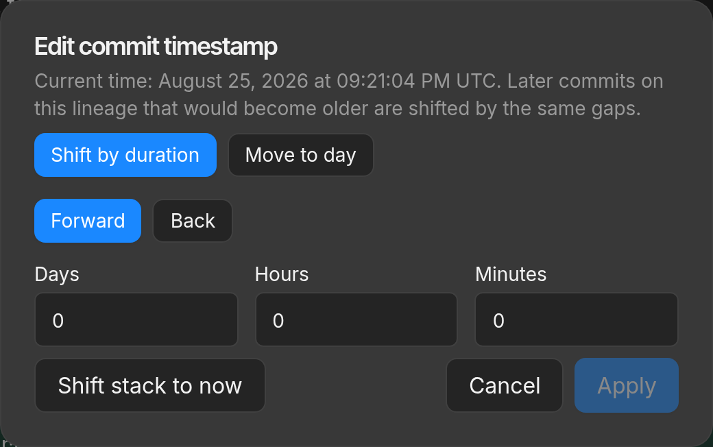 Edit commit timestamp dialog with shift to now